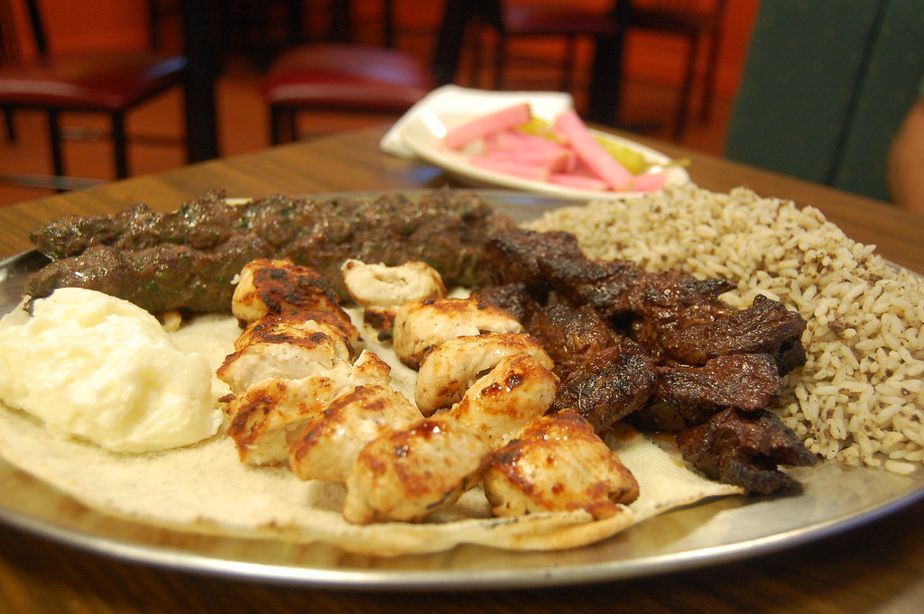 Mixed charcoal grill platter with assorted kebabs